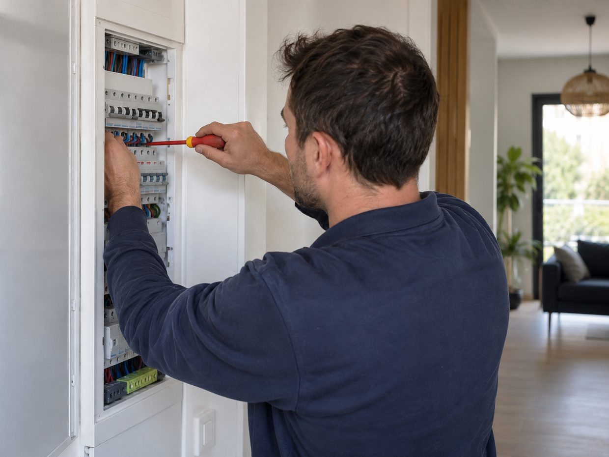 Électricien intervenant avec un tournevis sur un tableau électrique encastré, dans un intérieur lumineux