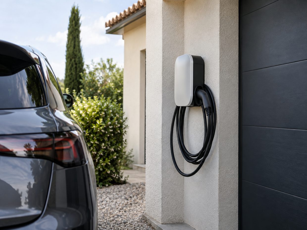 Borne de recharge murale fixée sur la façade d'une maison, avec son câble enroulé, à côté d'un véhicule garé