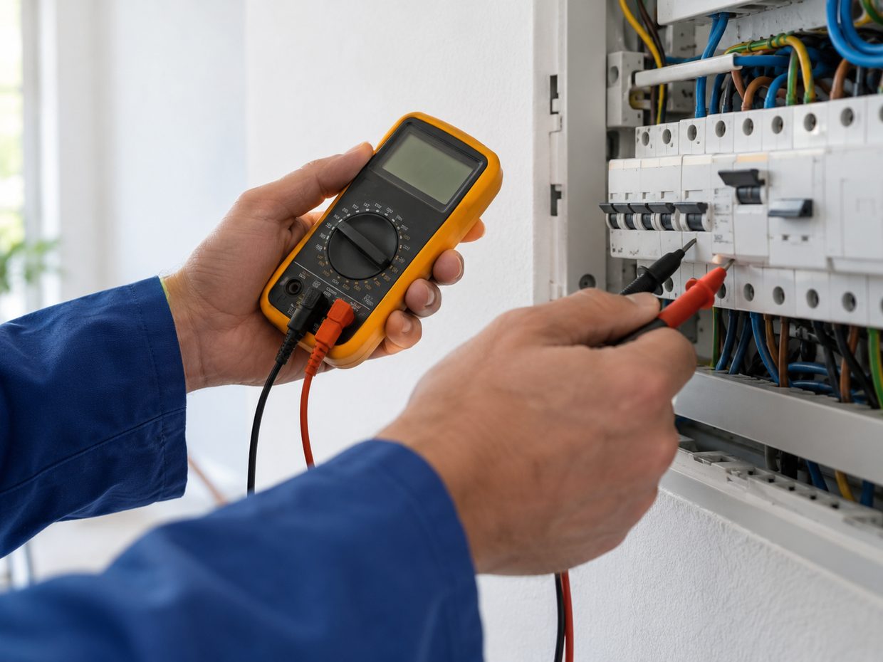 Mains d'un électricien testant les disjoncteurs d'un tableau électrique avec un multimètre