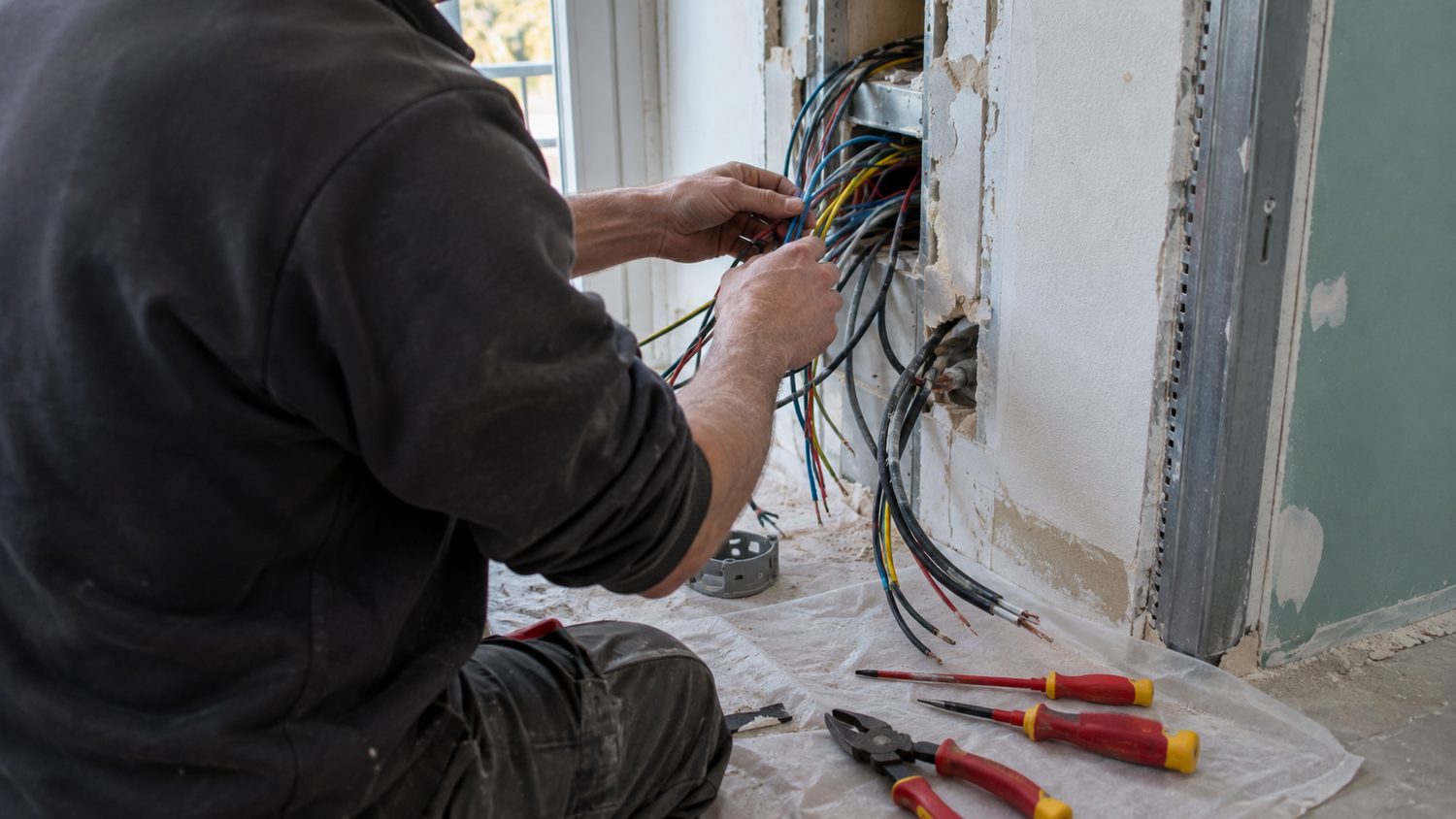 Électricien triant des câbles devant une cloison ouverte, avec ses tournevis isolés et sa pince posés sur une bâche