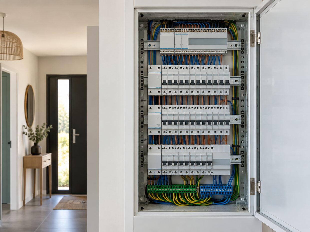 Tableau électrique ouvert dans l'entrée d'un logement, avec ses rangées de disjoncteurs et son câblage bien ordonné